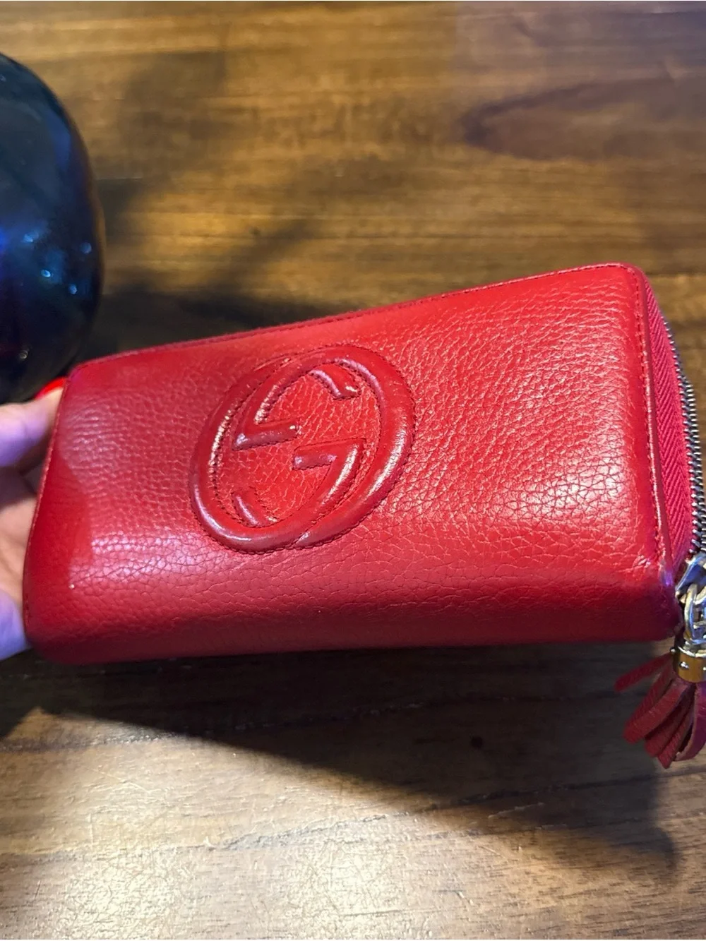 Gucci Red Pebbled Leather Tassel Zip Around Wallet